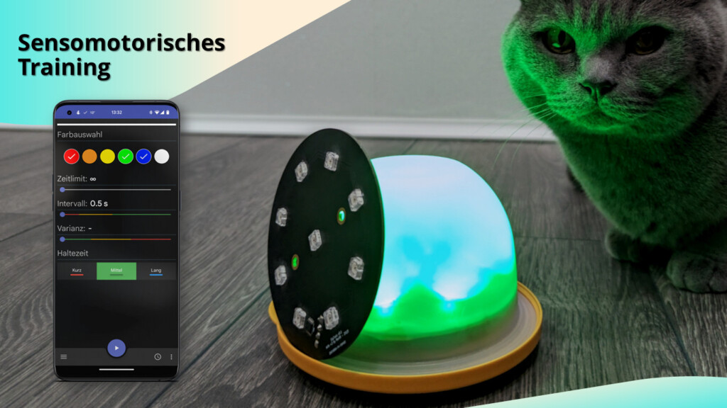 Foto mit APP, LED Signalgeber in Farbe Grün, neben Platine und grauer Katze