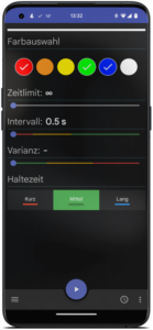 Grafische Bennutzeroberfläche einer Android App für die Steuerung eines LED-Lichts. Optionen: Farbauswahl, Zeitlimit, Intervall, Varianz und Haltezeit. Menü, Start/Pause